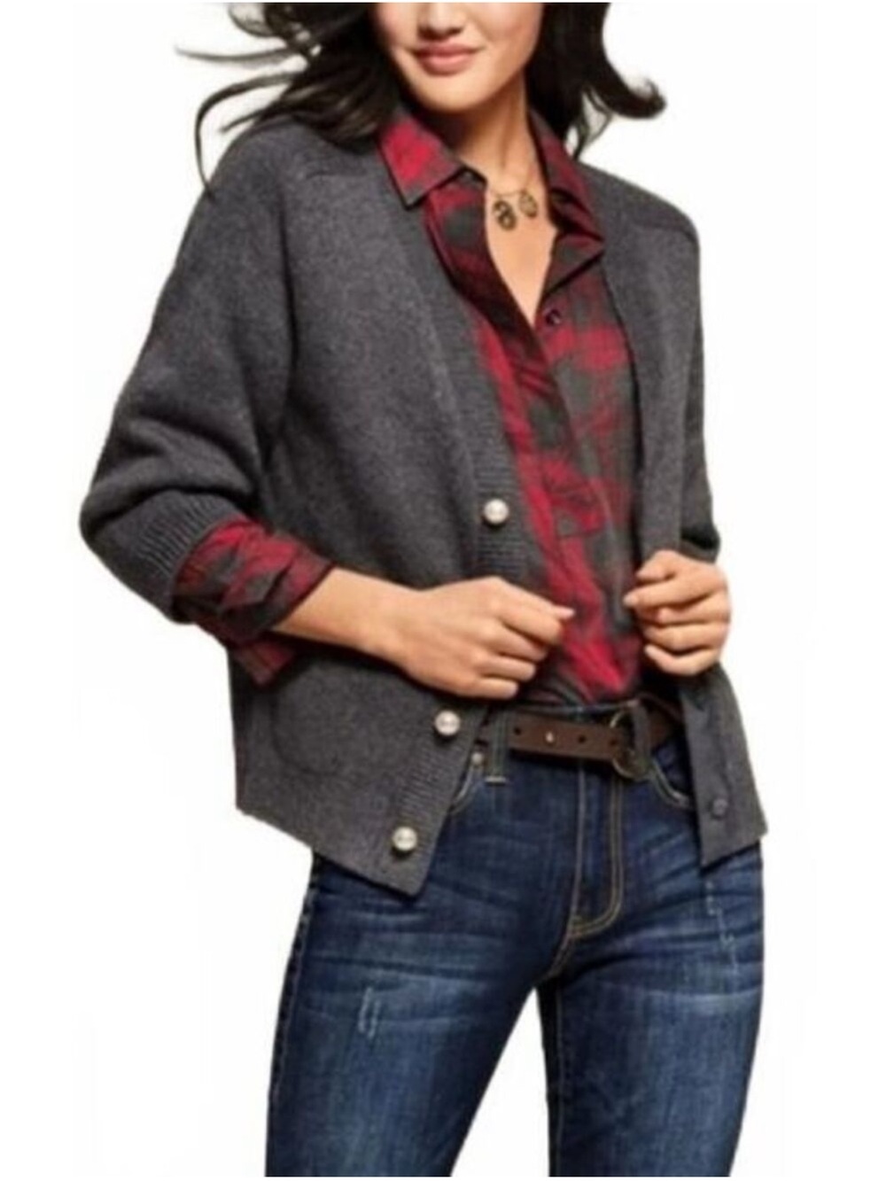 CAbi Cultured Cardigan M Charcoal Gray Pearl Button 3/4 Sleeve Sweater Preppy
